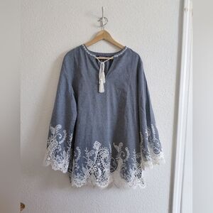 Roaman’s Tunic Blouse Womens Plus Blue 100% Cotton Chambray Lace Trim
